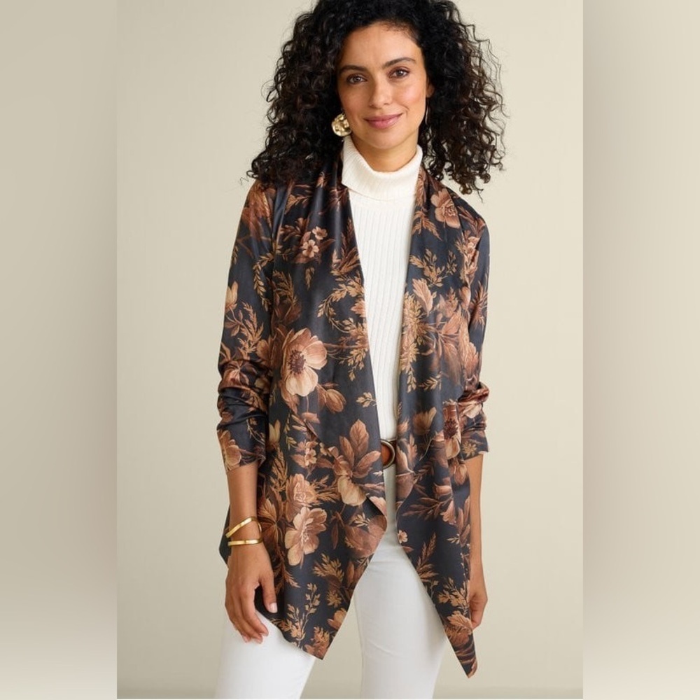 Soft Surrounding Shape Drape Faux Suede Jacket Dark Romantic Floral  XL Boho